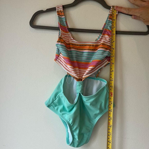 Mandarine &Co Girls One Piece Swimsuit XS/7 Colorful Stripe Top & Mint Bow Waist - Picture 6 of 7